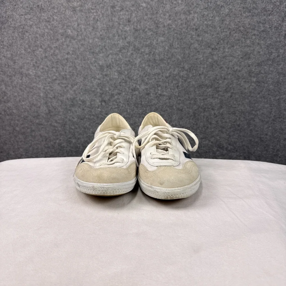 Veja Volley Sneakers Mens 12 White Canvas Navy Blue Logo Red Heel Low Top